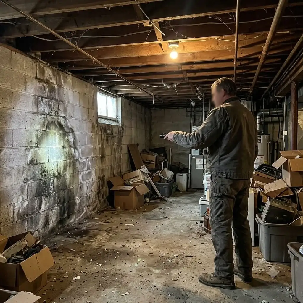 Flashlight lighting a damp basement wall during an inspection