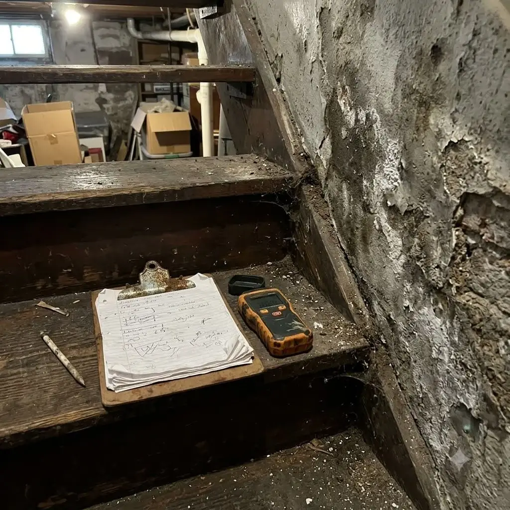 Moisture meter and clipboard on a basement stair