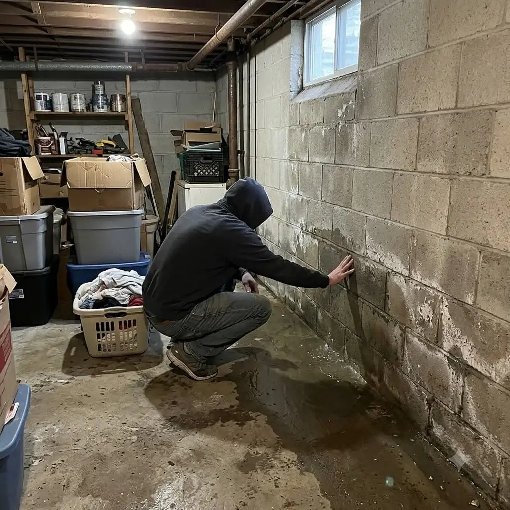 Water seeping along the bottom of a basement wall after heavy rain