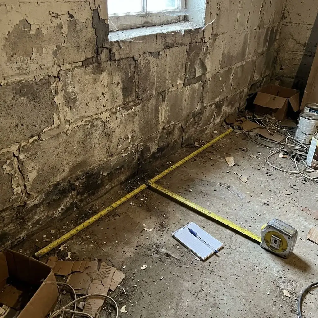 Tape measure along a damp basement wall