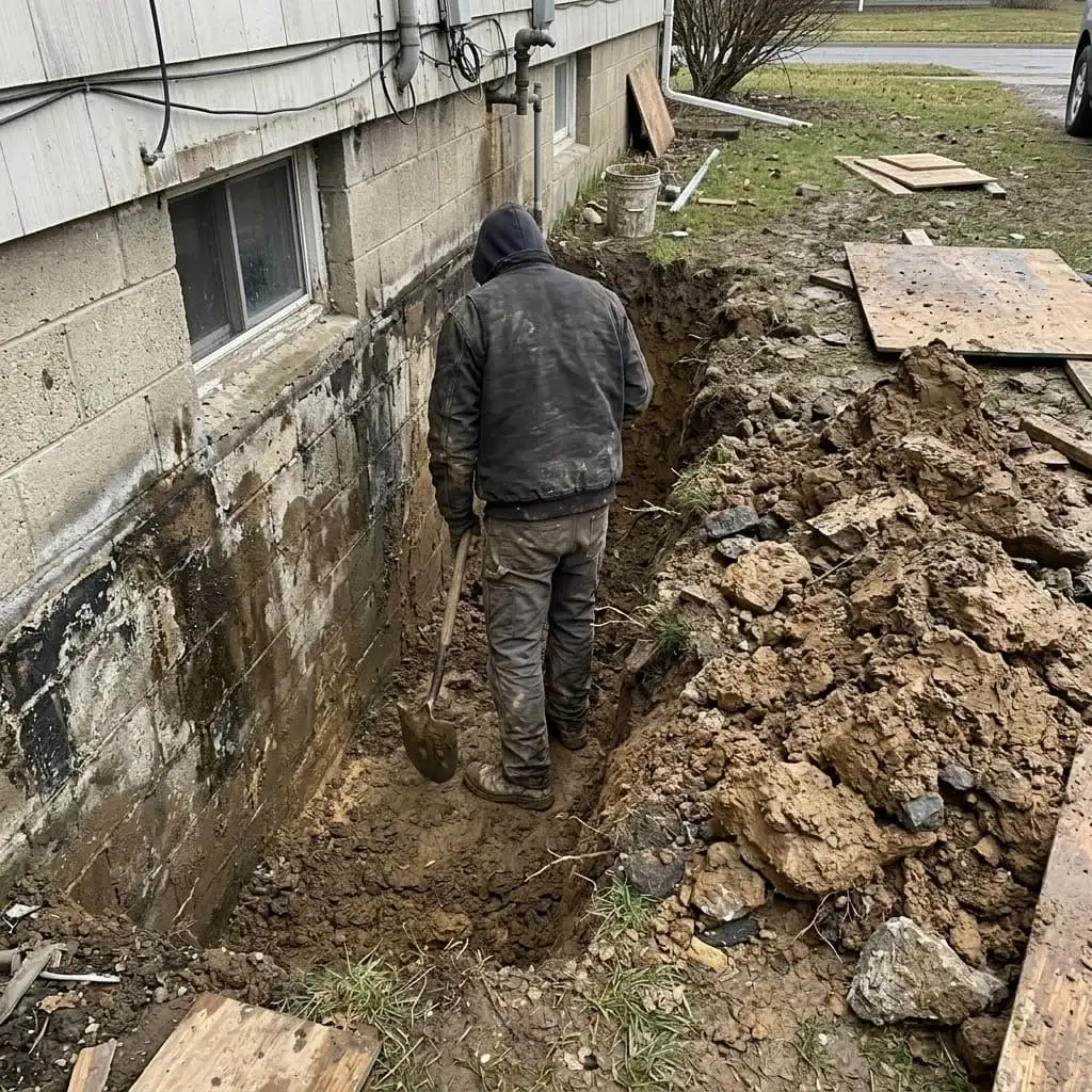 Excavated trench along an exposed foundation wall