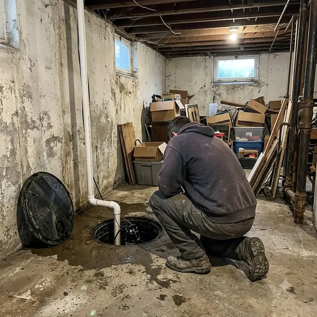 Sump basin set in a basement floor with a tradesperson checking the pump