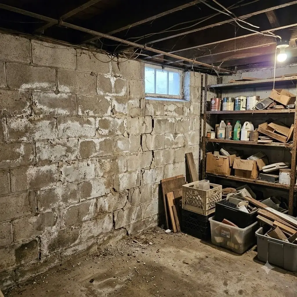 Old block basement wall with mineral deposits and crumbling mortar
