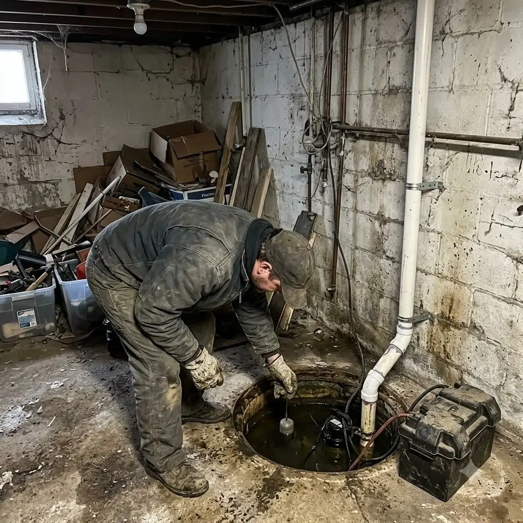 Sump pump with a battery backup unit in a basement corner