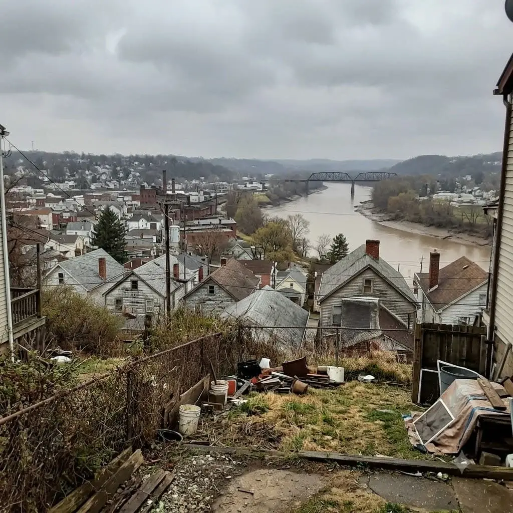 River valley town in northeast Ohio with a bridge